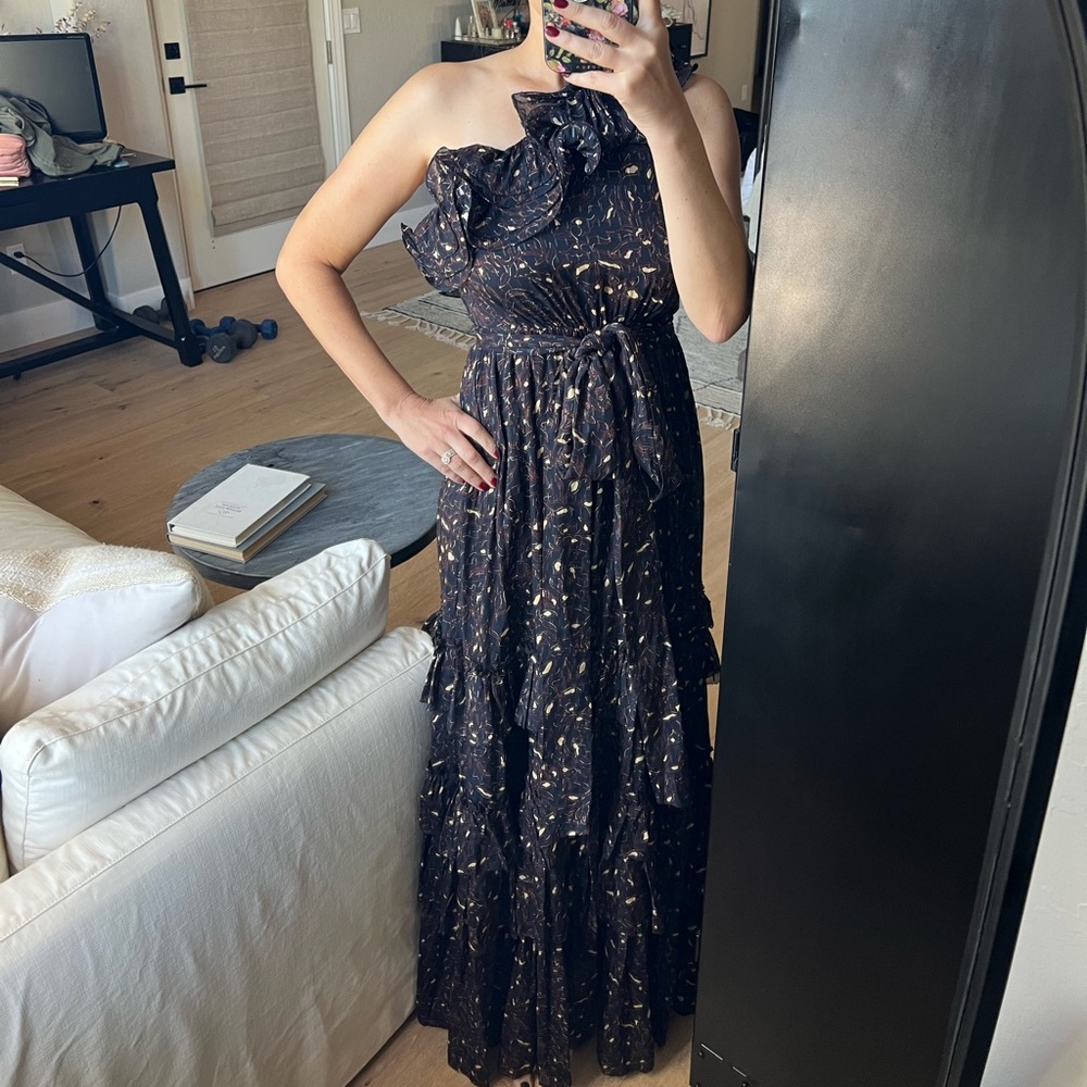Ulla Johnson One Shoulder Black Print ruffle evening gown